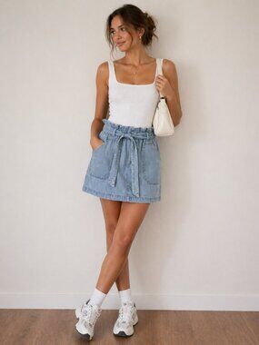 $60+ American Eagle Paperbag Faux Denim Mini Skirt Tie Waist Light Wash S